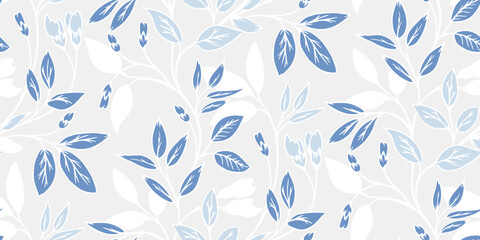 Seamless vector winter pattern with delicate blue and white leafy branches. Elegant botanical design for holiday wrapping paper, textiles, cards, and backgrounds