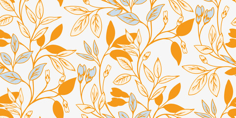 Seamless vector winter pattern with golden orange and light blue leafy branches. Elegant botanical design for  wrapping cover, textiles, cards, and backgrounds