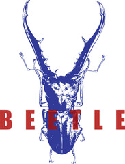 Stag Beetle, Elongated Mandibles, Blue Engraving, Red Text Graphic, High Contrast Vintage T-Shirt Design, Insect, Lucanus, Entomology Vector Print.