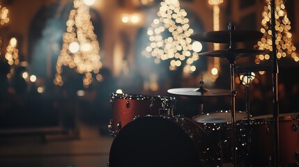Drumkit in focus during a Christmas music concert with lights