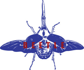 Flying Hercules Beetle, Long Horn, Wings Spread, Blue Stipple Sketch, Red Text Graphic, High Contrast Vintage T-Shirt Design, Entomology Art, Isolated Vector.