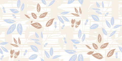 Seamless vector pattern with delicate blue and brown leaves on a soft beige background. Elegant botanical design for textiles, wallpapers, wrapping, and decor