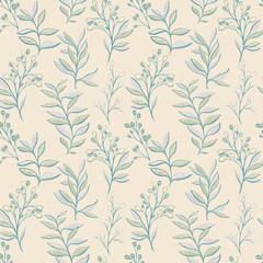 Seamless vector pattern with delicate leafy branches and berries in soft pastel green and blue tones on a beige background. Template for textiles, wrapping, and wallpapers
