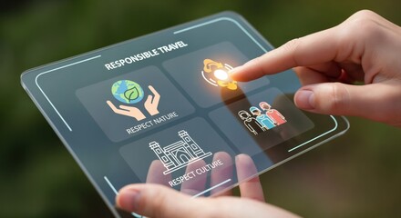 A close-up of a young adult's hand interacting with a digital touchscreen interface showcasing icons related to responsible travel, sustainable tourism, and cultural awareness.