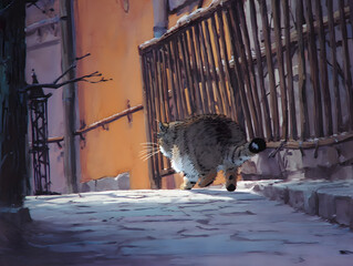 A Pallas's cat walks down a city street. Hyperrealistic illustration.