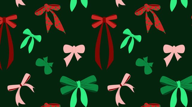 Animated background of colorful Christmas bows and ribbons scrolling upwards on a dark green. Festive pattern for holiday intros, backgrounds or transitions.