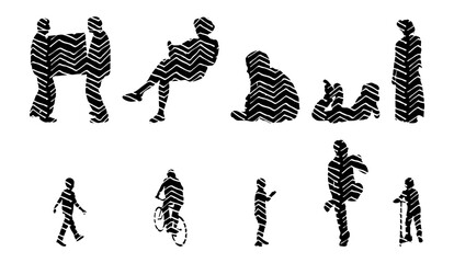 Vector illustration, Outline silhouettes of people, Contour drawing, people silhouette, Icon Set Isolated , Silhouette of sitting people, Architectural set
