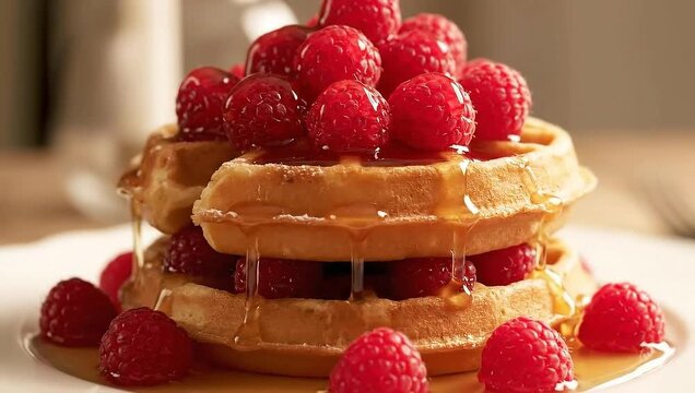 Waffles topped with fresh raspberries and maple syrup on plate  