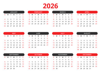 2026 year vector calendar with black red colors (english, week start sunday)