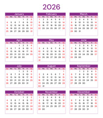 2026 year vector calendar with 12 months frames (english, week start sunday)