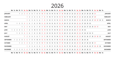 Simple 2026 year linear calendar. english vector