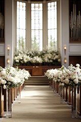 Fototapeta premium A church aisle adorned with elegant floral arrangements.