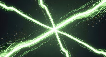 Dynamic Green Energy Beams Intersecting on a Dark Background.