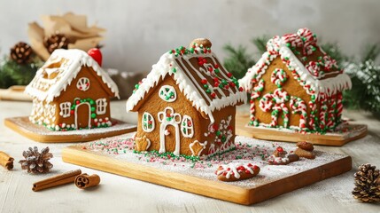 Gingerbread houses with festive decorations on wooden board