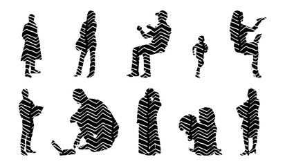 Vector illustration, Outline silhouettes of people, Contour drawing, people silhouette, Icon Set Isolated , Silhouette of sitting people, Architectural set