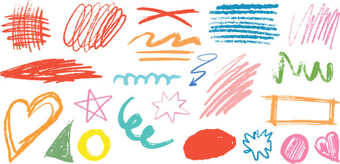 Collection of colorful hand-drawn crayon scribbles and shapes on white background