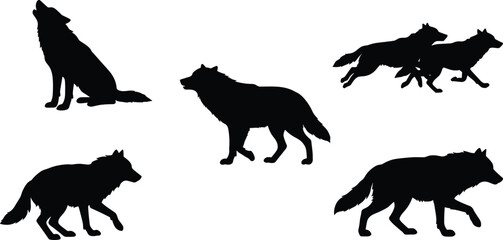 Wolf silhouette vector illustration, wild animal poses, running wolves, howling wolf, wildlife clipart, black shape, cad drawing flat vector illustration