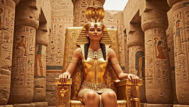 Young woman dressed as an Egyptian queen sitting on a golden throne  