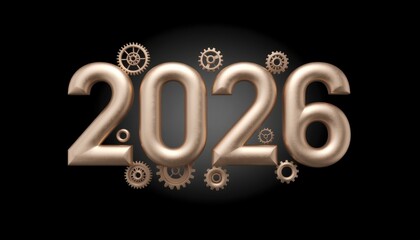 The year 2026 rendered in a 3D industrial steampunk style, featuring bronze mechanical gears and cogs on a dark background concept