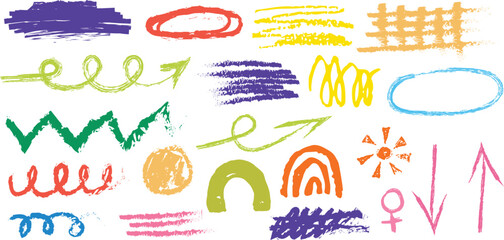 Collection of Colorful Hand-Drawn Scribbles, Arrows, and Shapes on White Background