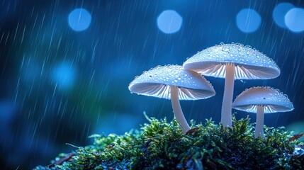 Fototapeta premium Three mushrooms on moss, rain falling, bokeh background, illuminated caps