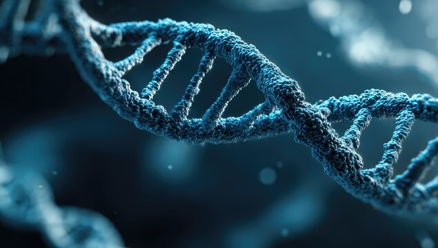A macro close-up of a DNA helix, displayed in shades of blue against a blurry background
