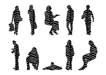 Vector illustration, Outline silhouettes of people, Contour drawing, people silhouette, Icon Set Isolated , Silhouette of sitting people, Architectural set