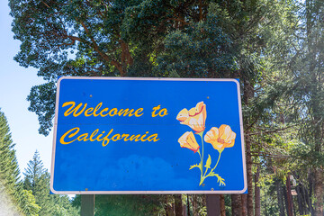 Welcome to California sign against redwood trees.