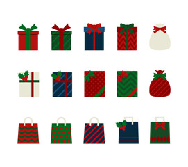 フラットデザインのシンプルなクリスマスラッピングギフトのイラストセット