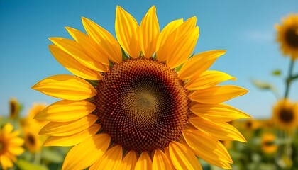 Sunlit sunflower with golden petals and textured brown center, ultra-HD close-up in open field.
