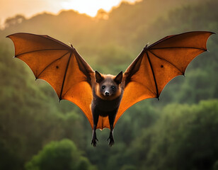 bat on the sky, Large flying fox bat flying with open wings