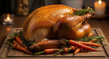 Close up of roast turkey. Traditional Thanksgiving, Christmas turkey dinner. Family celebrating Thanksgiving, Holiday concept.