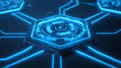 Futuristic hexagonal technology interface with blue glowing lines   - Powered by Adobe