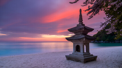 Japanese Pagoda on Tropical Beach at Sunset temple architecture.