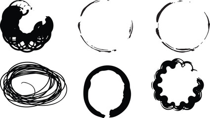 Naklejka premium Collection of Six Black Ink Brush Stroke Circles and Rings