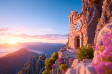 Stunning clock tower on mountain at sunset with vibrant colors, perfect for travel ads