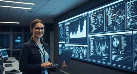 Young professional woman analyzes data on large display screen with laptop, ideal for tech, security, analytics, and modern business concepts