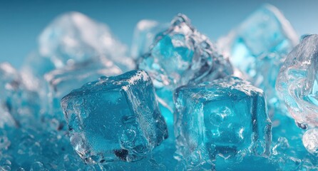 Obraz premium Macro close-up of translucent, crystalline ice cubes, glistening in cool blue light