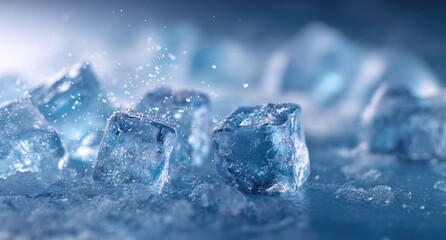 Chunks of cooling ice reflecting a blue glow with fine, sparkling particles