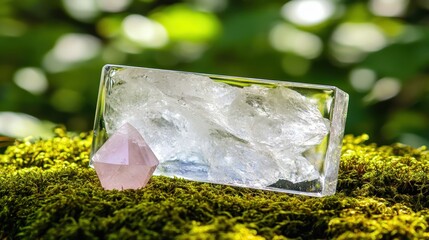Glass bottle with clear crystals on mossy green ground