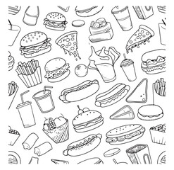 Seamless fast food pattern doodle, burger, pizza, fries, snacks, drinks background vector illustration