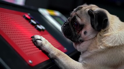 Funny Pug Dog Resting on a Treadmill After Workout.