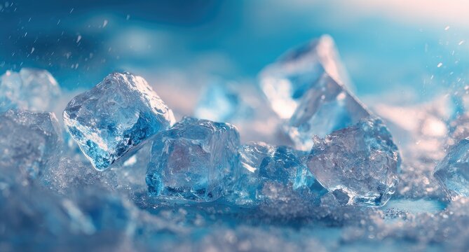 Close-up shot of crystalline ice cubes arranged with a frosty, blurred backdrop