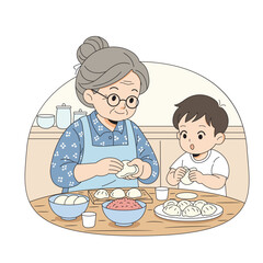 Family activity, grandmother teaching grandchildren to cook, vector illustration