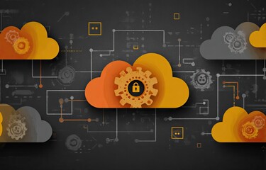 Illustration of connected digital clouds, gears, and security lock symbol on dark background