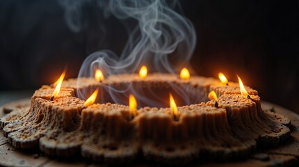Ring of burning candles on wood — mystical Day of the Dead ritual, smoke and light of remembrance