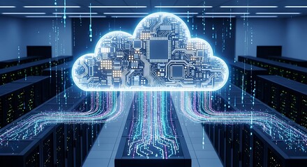 Cloud computing solutions and data transfer for digital transformation with modern server room