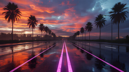 Wet Road with Neon Pink Lines and Palm Trees at Sunset street rain. 