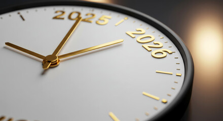 Fototapeta premium A black and white clock face with golden hands moving towards the year 2026, marking the New Year transition.