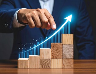 Businessman's hand points to a glowing holographic growth chart with cubes and an arrow pointing up
